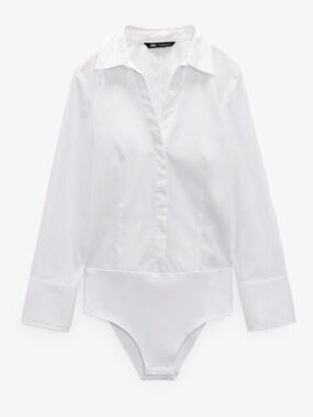 Zara White Poplin Long Sleeve Shirt Bodysuit NWOT